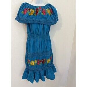 Mexican Embroidered Midi Dress Womens M Blue Cotton Boho Off Shoulder Festival